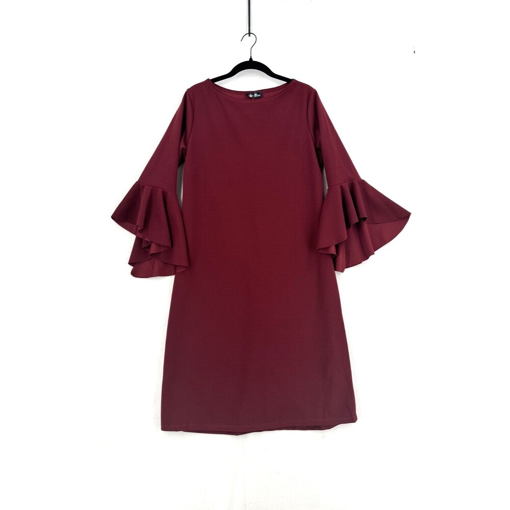 Bella Flore Burgundy Bell Sleeve Dress L Ruffle Flare Sleeve Shift Cocktail Chic